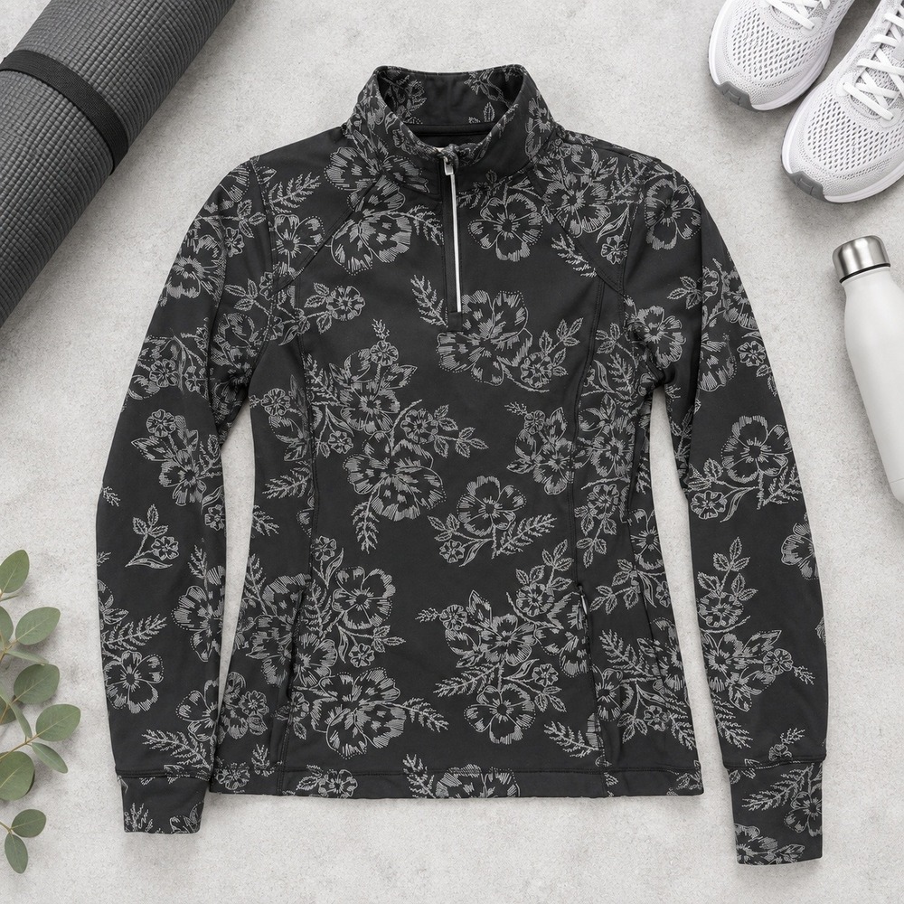 Avia Floral Quarter Zip Pullover XS Black Thumbhole Athletic Athleisure Top